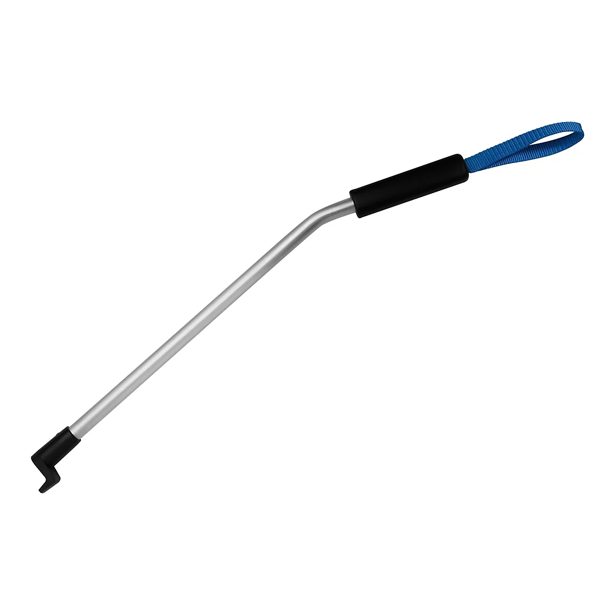 Grauer Haken mit blauem Band, vor weißem Hintergrund.