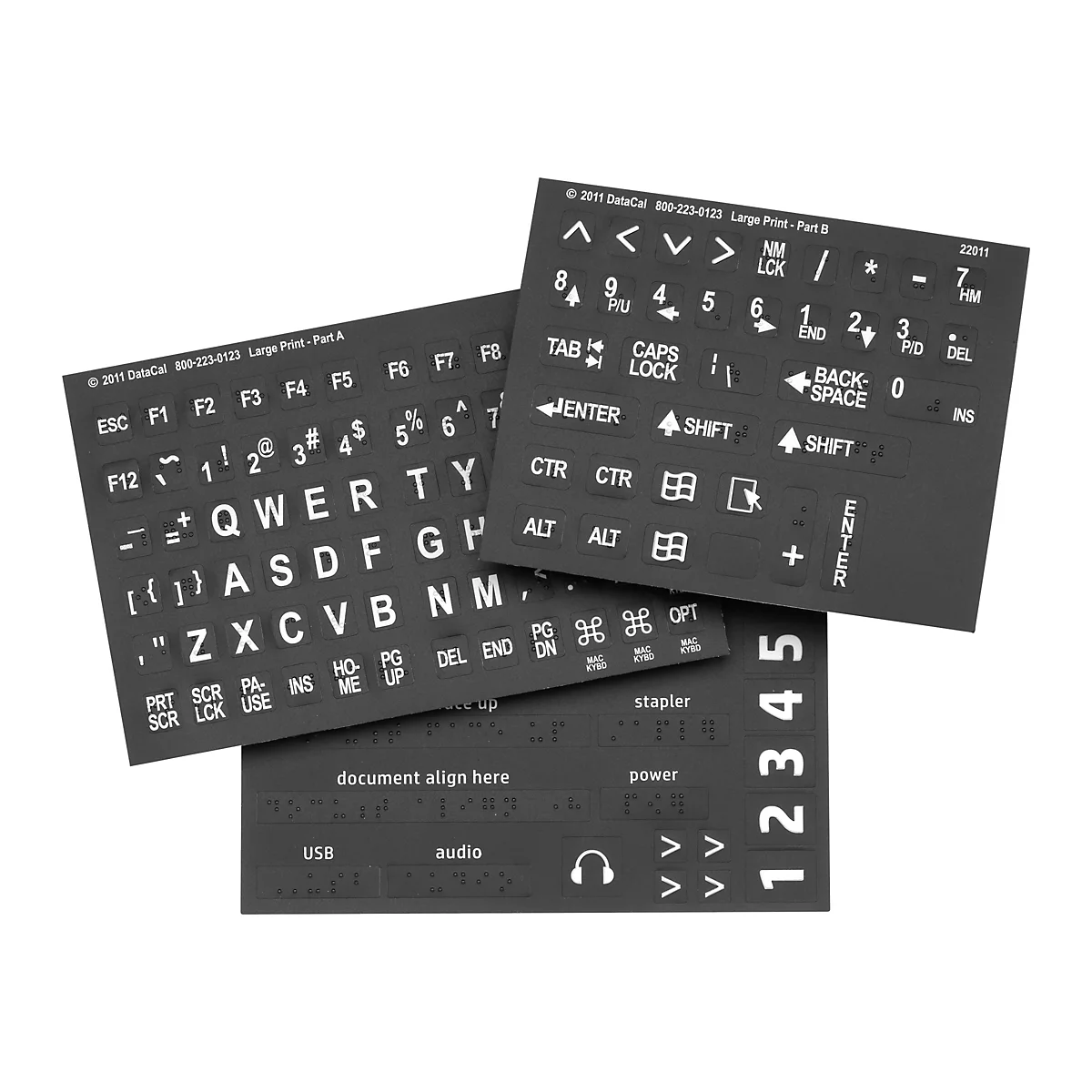 Dunkle Tastaturaufkleber mit weißer Schrift und Braille-Schrift, mit Beschriftungen wie Buchstaben, Zahlen und Sonderzeichen, sowie Sondertastenbeschriftungen.