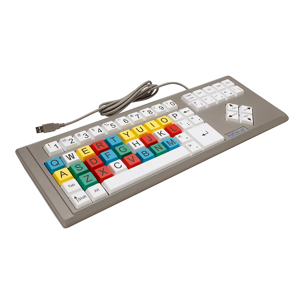 Eine spezielle Computertastatur mit großen, farbigen Tasten. Die Buchstaben- und Zahlentasten sind farblich unterschiedlich markiert.
