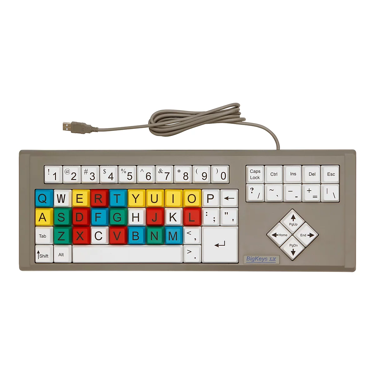 Große Computertastatur mit farbigen Tasten und USB-Kabel. Die Tasten sind groß und deutlich beschriftet.