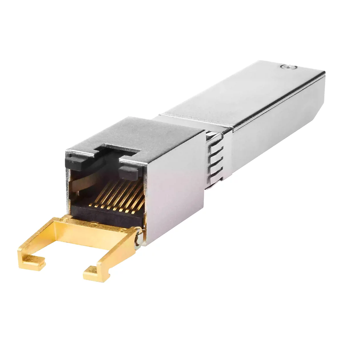 Gros plan sur un connecteur électronique argent et or. Le connecteur a une forme rectangulaire avec une extrémité ouverte révélant une série de broches de couleur or.