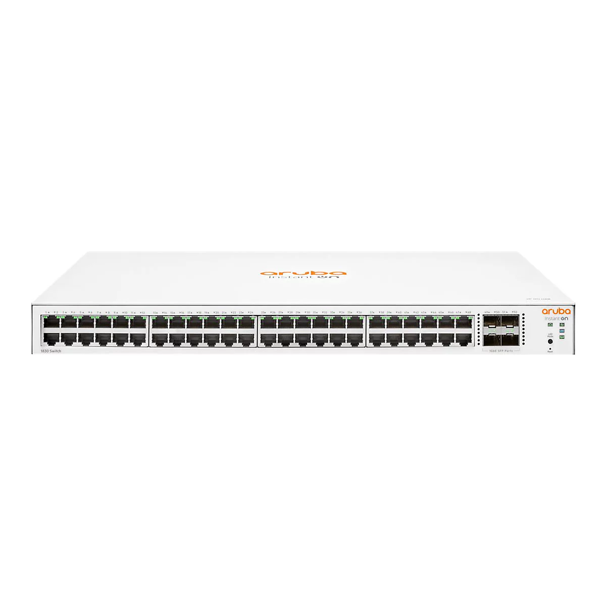 Weißer Netzwerk-Switch mit Ports, „aruba instant on“-Logo.