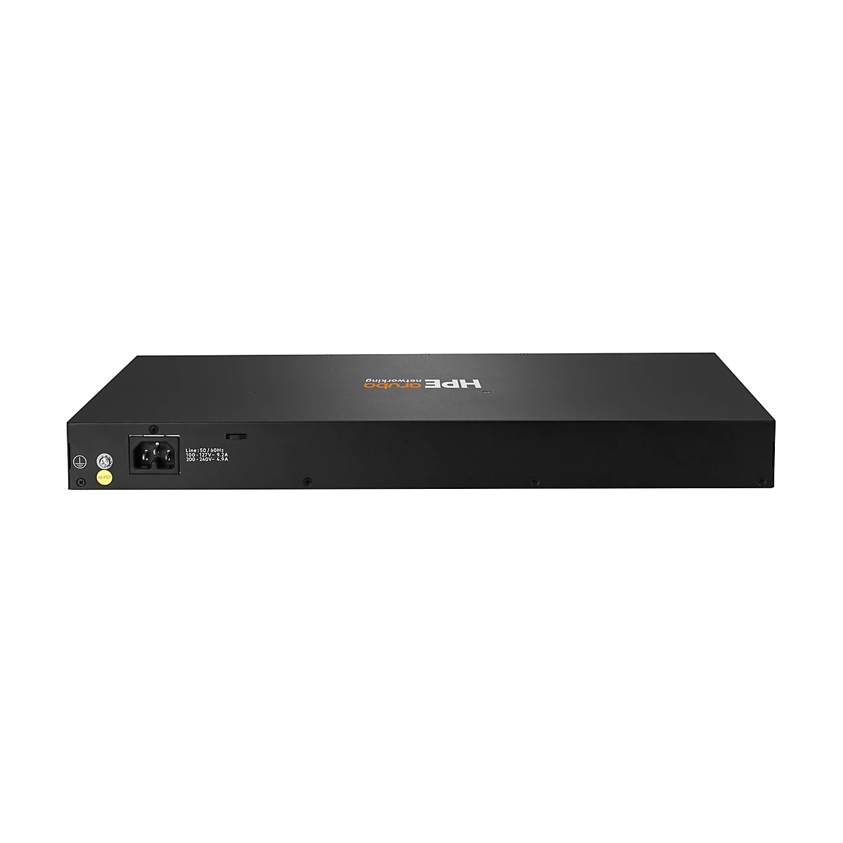 Ein schwarzes Netzwerkgerät, von oben fotografiert, mit dem HPE Aruba-Logo.