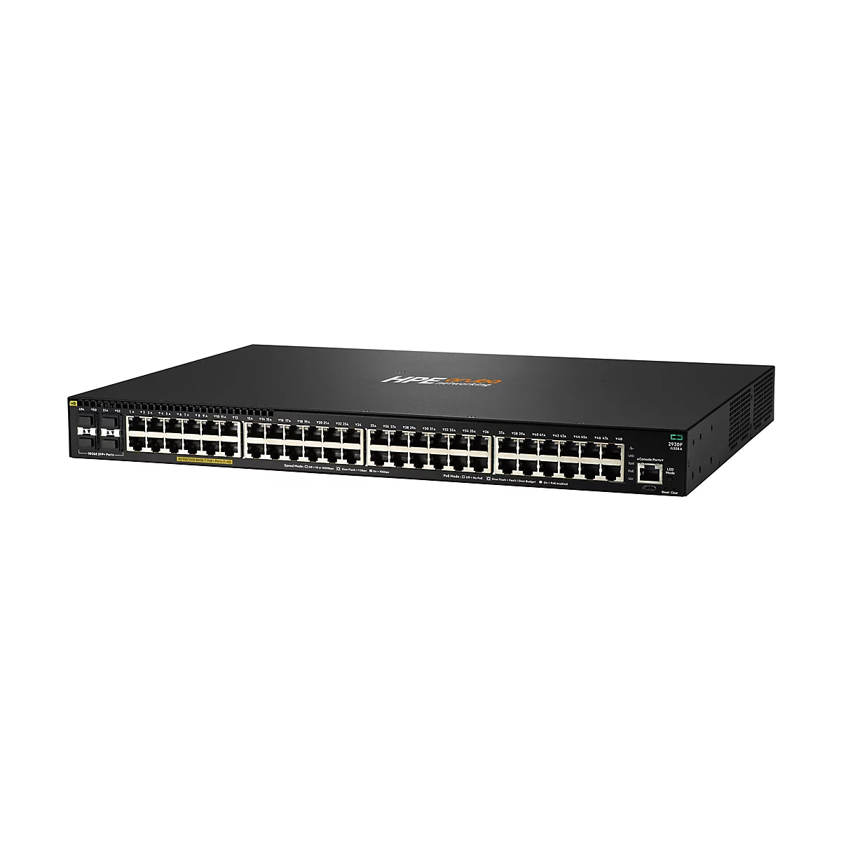 Ein schwarzer Netzwerk-Switch mit zahlreichen Anschlüssen und Anzeigen. Auf der Oberseite befindet sich der Markenschriftzug "HPE Networking". Unterhalb der Anschlüsse befinden sich Beschriftungen zu den Funktionen, wie z.B. "Speed Mode" und "PoE Mode".