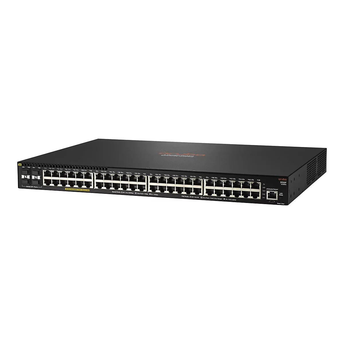 Schwarzer Netzwerk-Switch mit Ports und Beschriftungen. Das Aruba-Logo ist zu sehen.