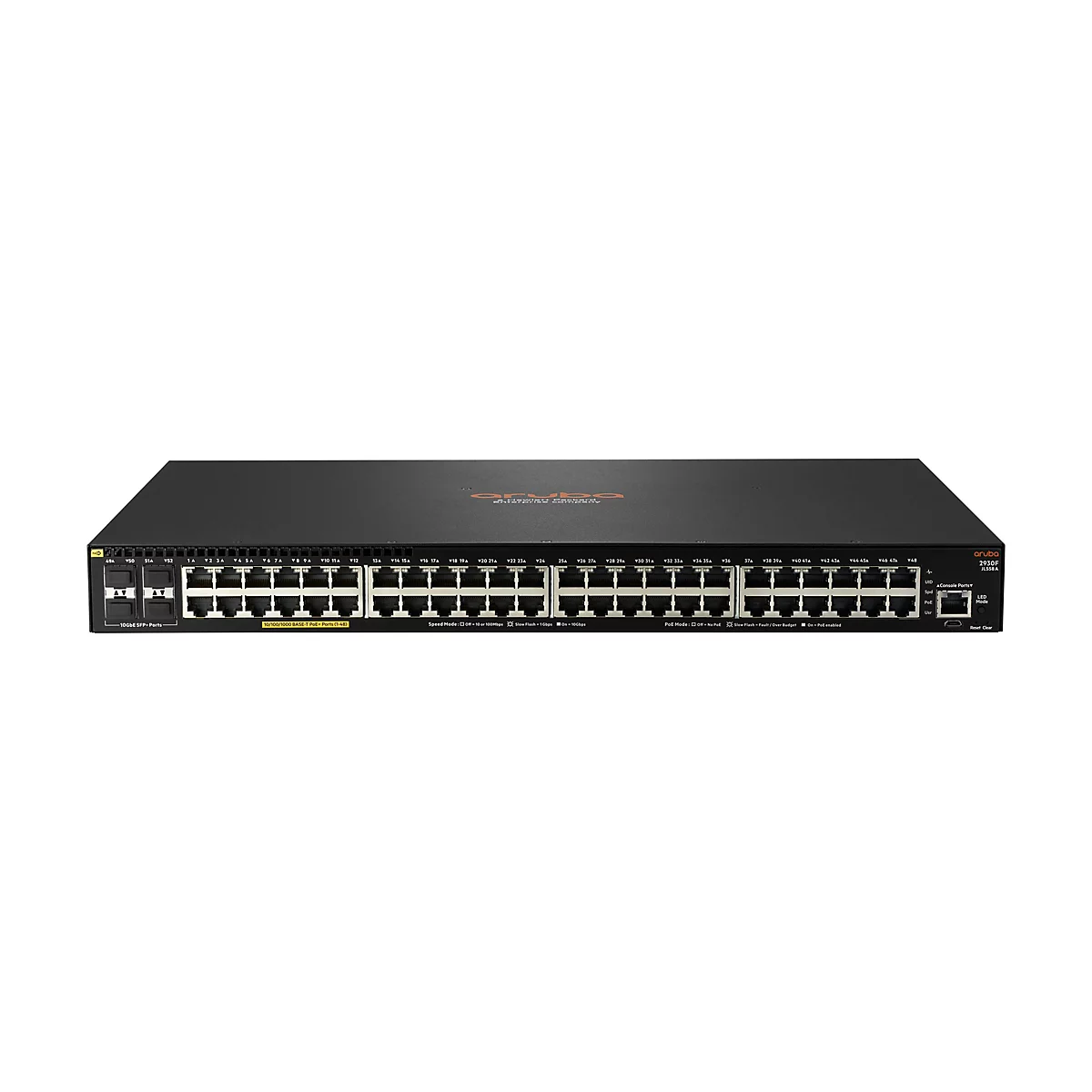 Schwarzer Netzwerk-Switch mit Ports und Beschriftungen. Das Aruba-Logo ist zu sehen.