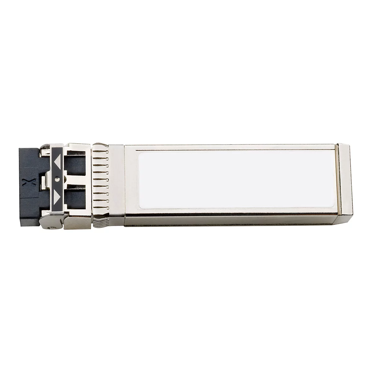 Un module SFP avec un boîtier en métal argenté. Une zone blanche est visible sur le dessus. Le module est doté d'un connecteur noir.