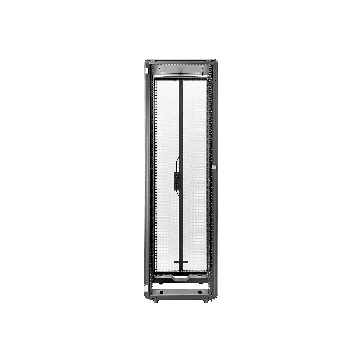 Un serveur rack, vue de face, sur fond blanc. Le rack est noir, avec des portes perforées et des rails verticaux pour le montage de l'équipement.