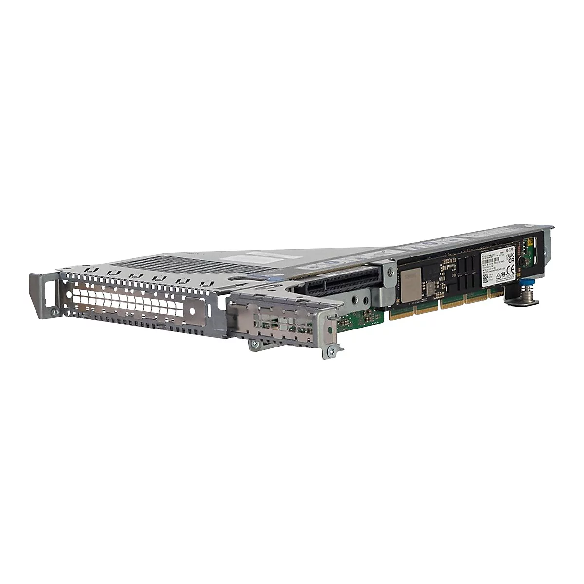Ein Computer-Hardware-Teil, der auf weißem Hintergrund isoliert ist. Mehrere metallische und elektronische Komponenten sind sichtbar.
