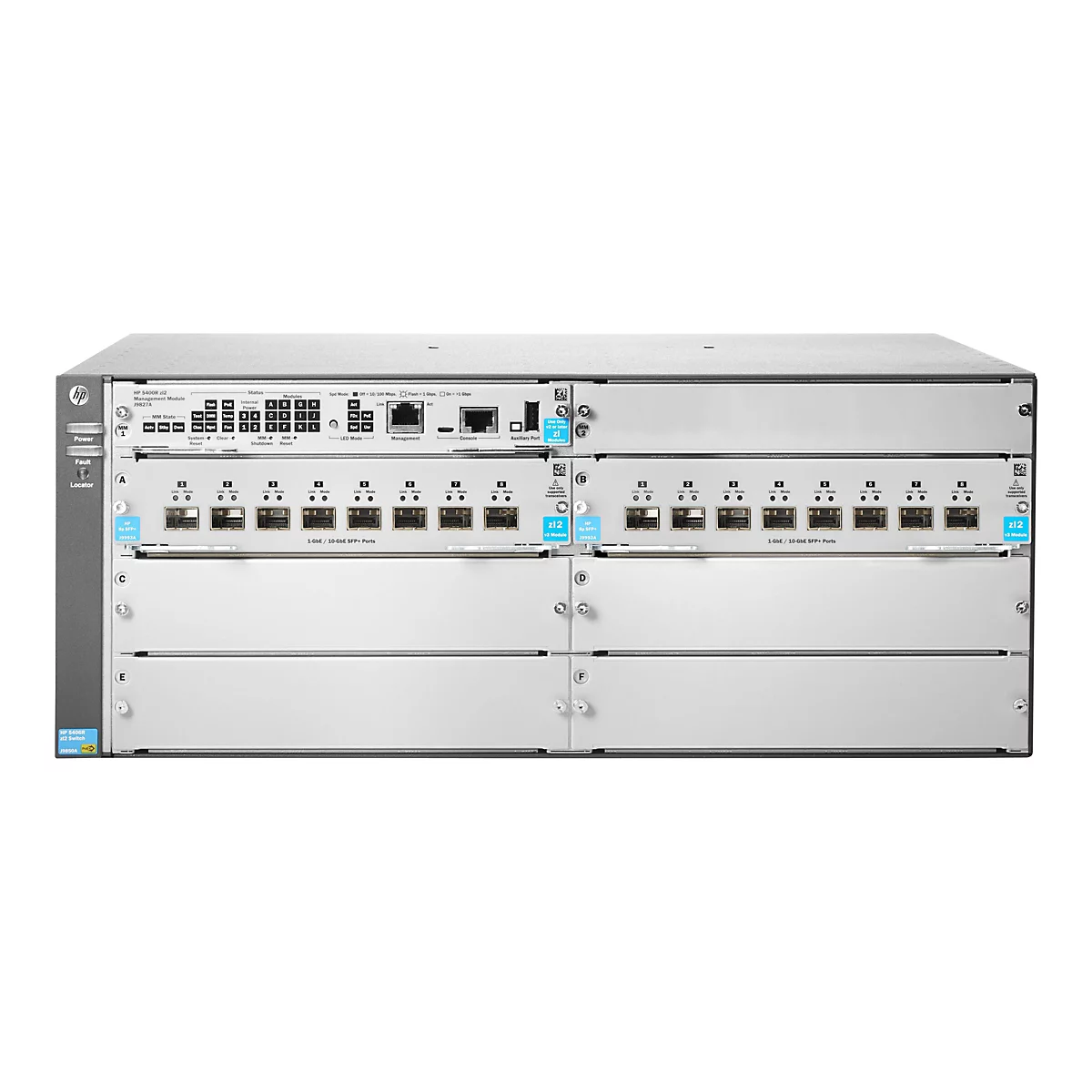 Un appareil réseau gris avec plusieurs modules et ports, étiqueté avec le nom de la marque et les informations sur le produit.