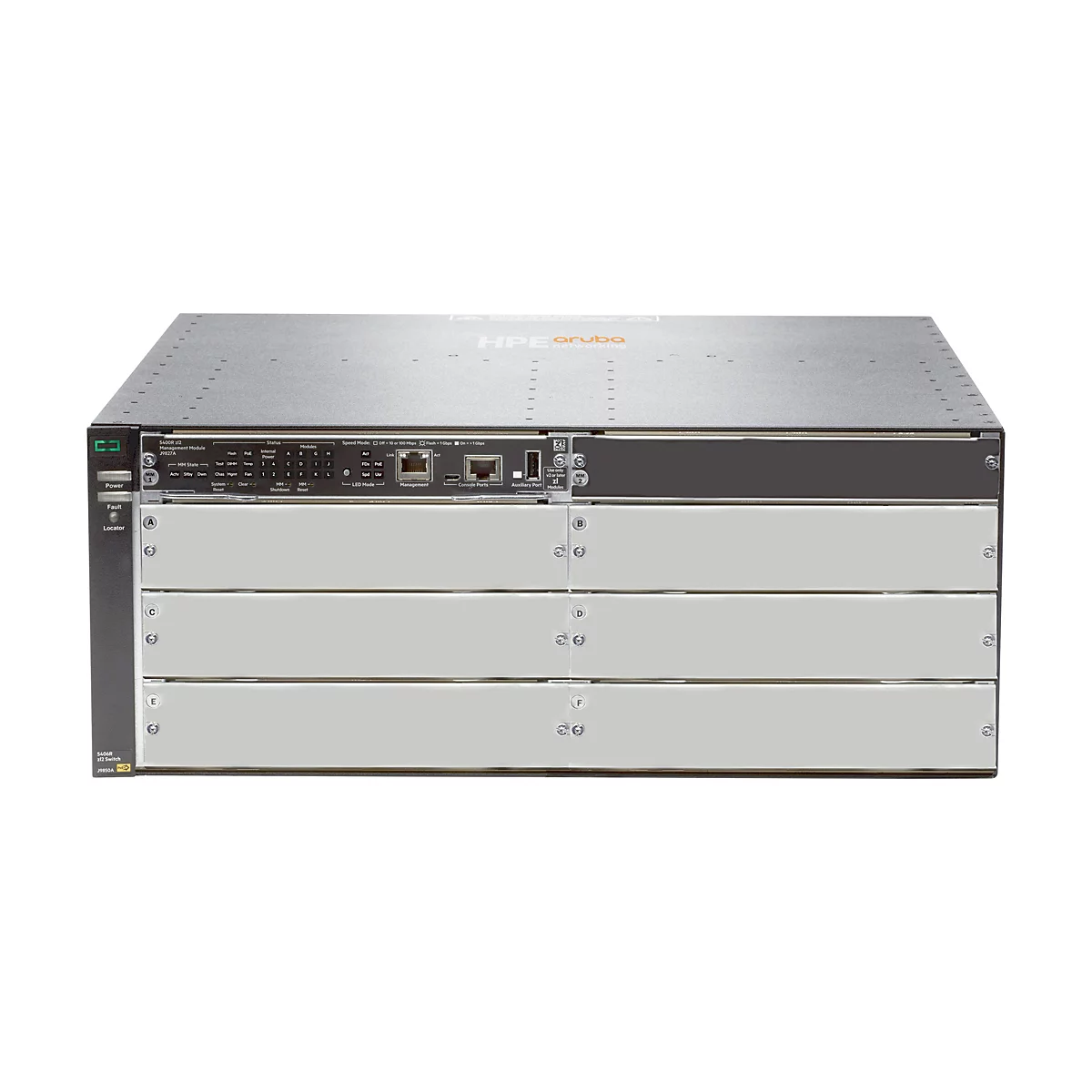 Un commutateur réseau HPE Aruba gris avec plusieurs baies et étiquettes. L'appareil est posé sur un fond blanc.
