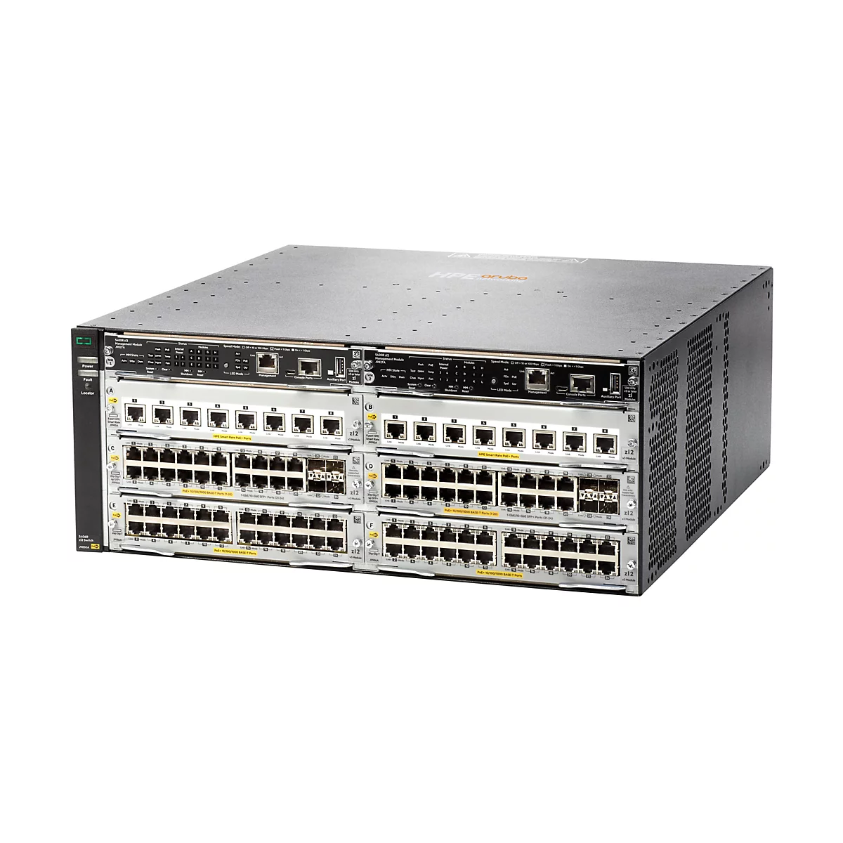 Un commutateur HPE Aruba noir sur fond blanc. Le commutateur dispose de plusieurs ports et indicateurs LED. L'appareil est construit en différents modules, notamment des modules de gestion, des ports PoE et des ports SFP.