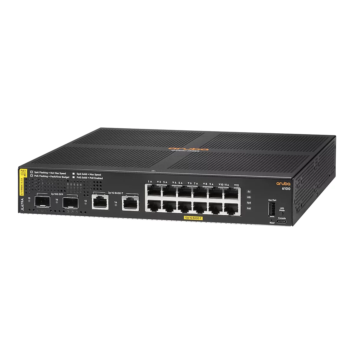 Schwarzer Aruba 6100 Netzwerk-Switch. Vorderseite mit Ports und LEDs, Oberseite mit Lüftungsschlitzen.