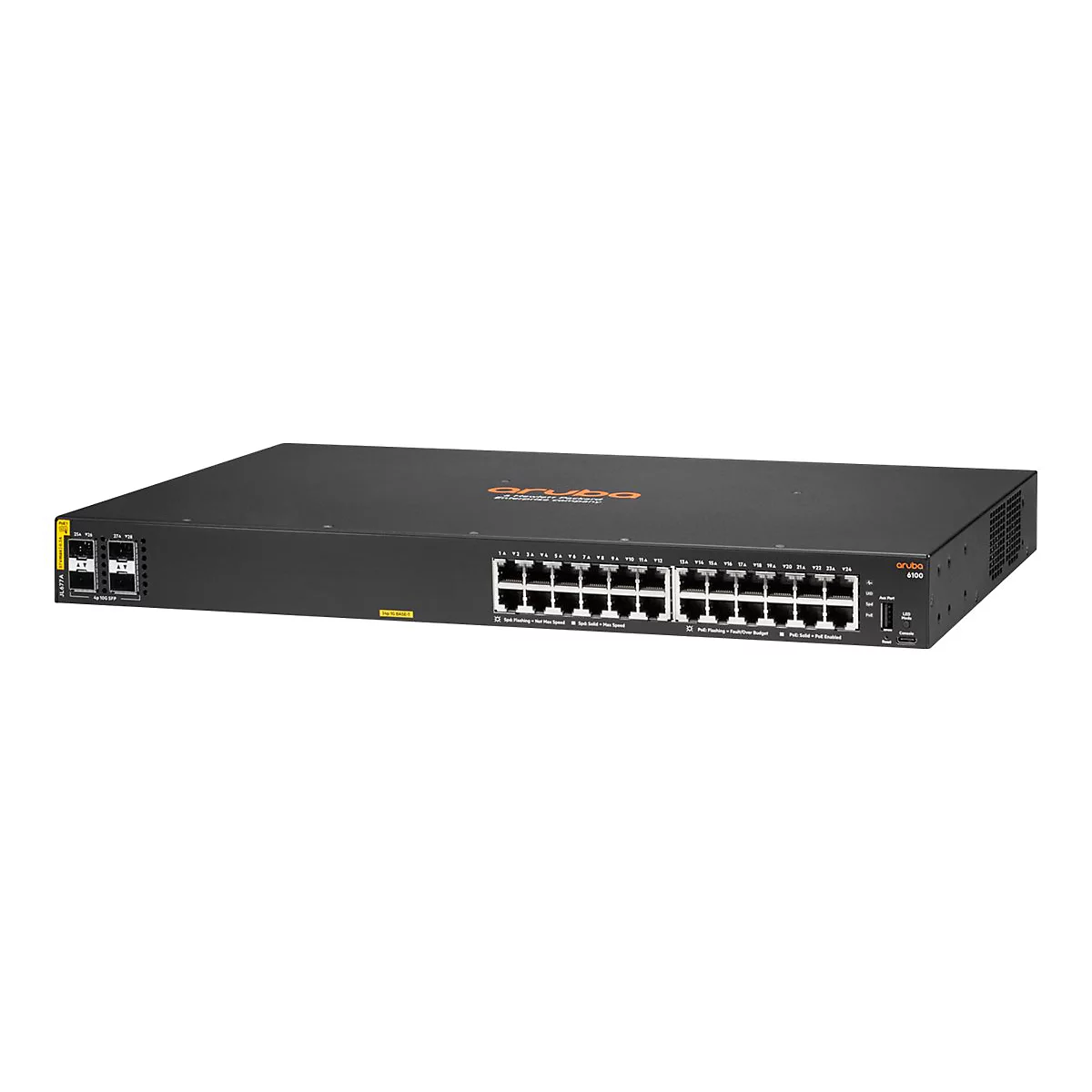 Ein schwarzer Aruba 6100 Switch, vorne mit Ports und Labels, sowie seitlich mit Lüftungsschlitzen.