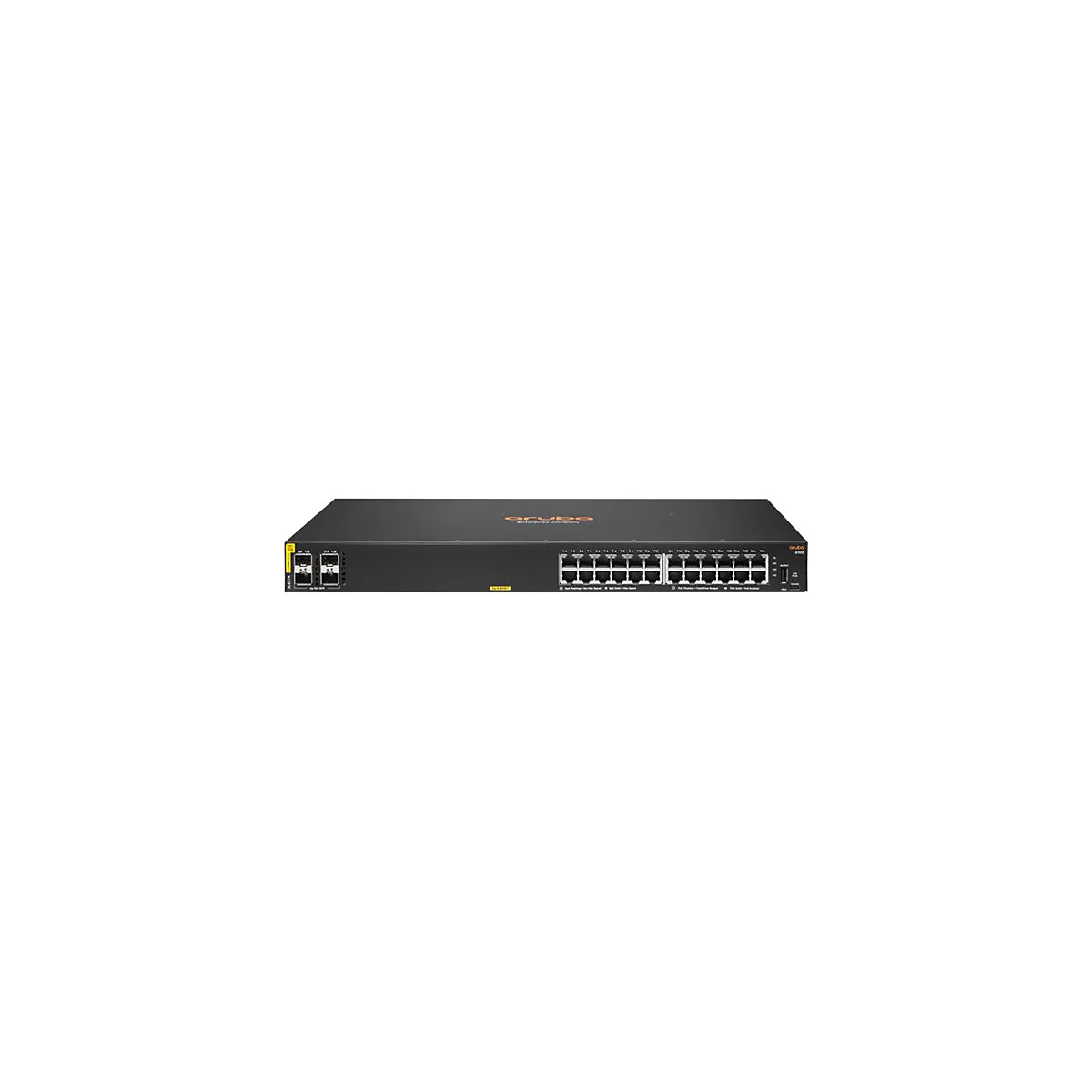 Schwarzer Netzwerk-Switch mit Ports und Logo. Modellname „Aruba“ und weitere Beschriftungen sind sichtbar.