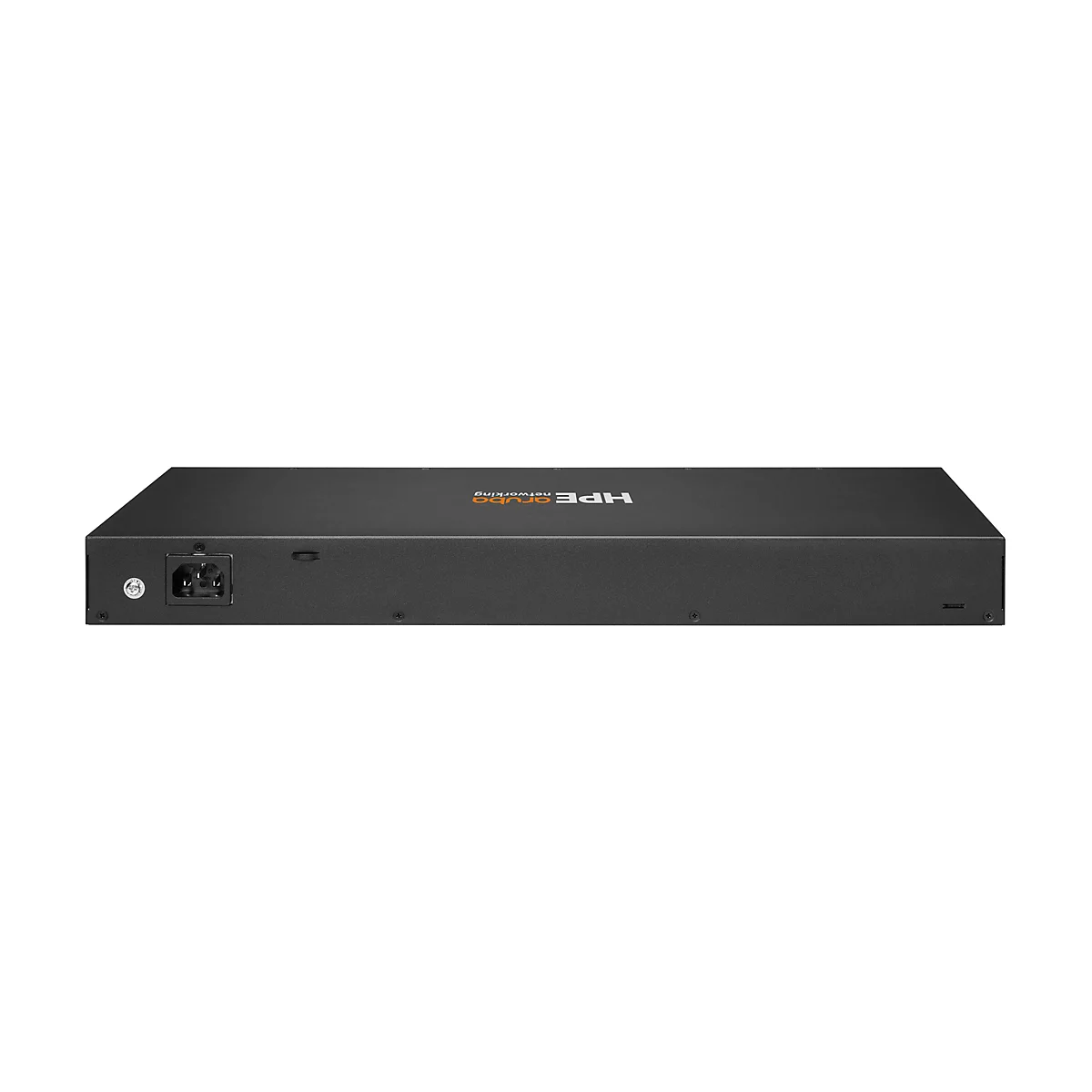 Schwarzer Netzwerk-Switch, HPE Aruba, von vorne. Steckdose, Lüfteröffnung und seitliche Aussparung sichtbar.