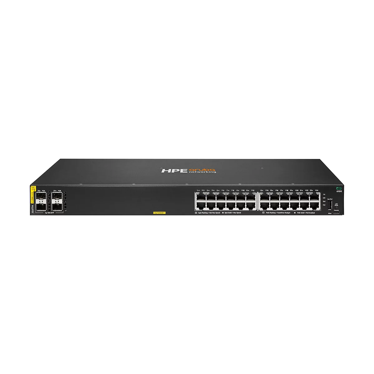 Ein schwarzer HPE Aruba Netzwerk-Switch, der auf einer weißen Oberfläche platziert ist. Das Gerät hat mehrere Anschlüsse auf der Vorderseite, darunter 24 RJ45-Ports und mehrere SFP-Ports. Der Switch zeigt auch LED-Anzeigen, eine Konsole und eine Reset-...