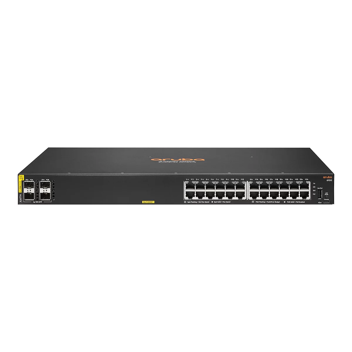 Ein schwarzer Aruba 6100 Switch mit verschiedenen Ports und LEDs. Oben mittig das Aruba-Logo, unten Schriftzüge.