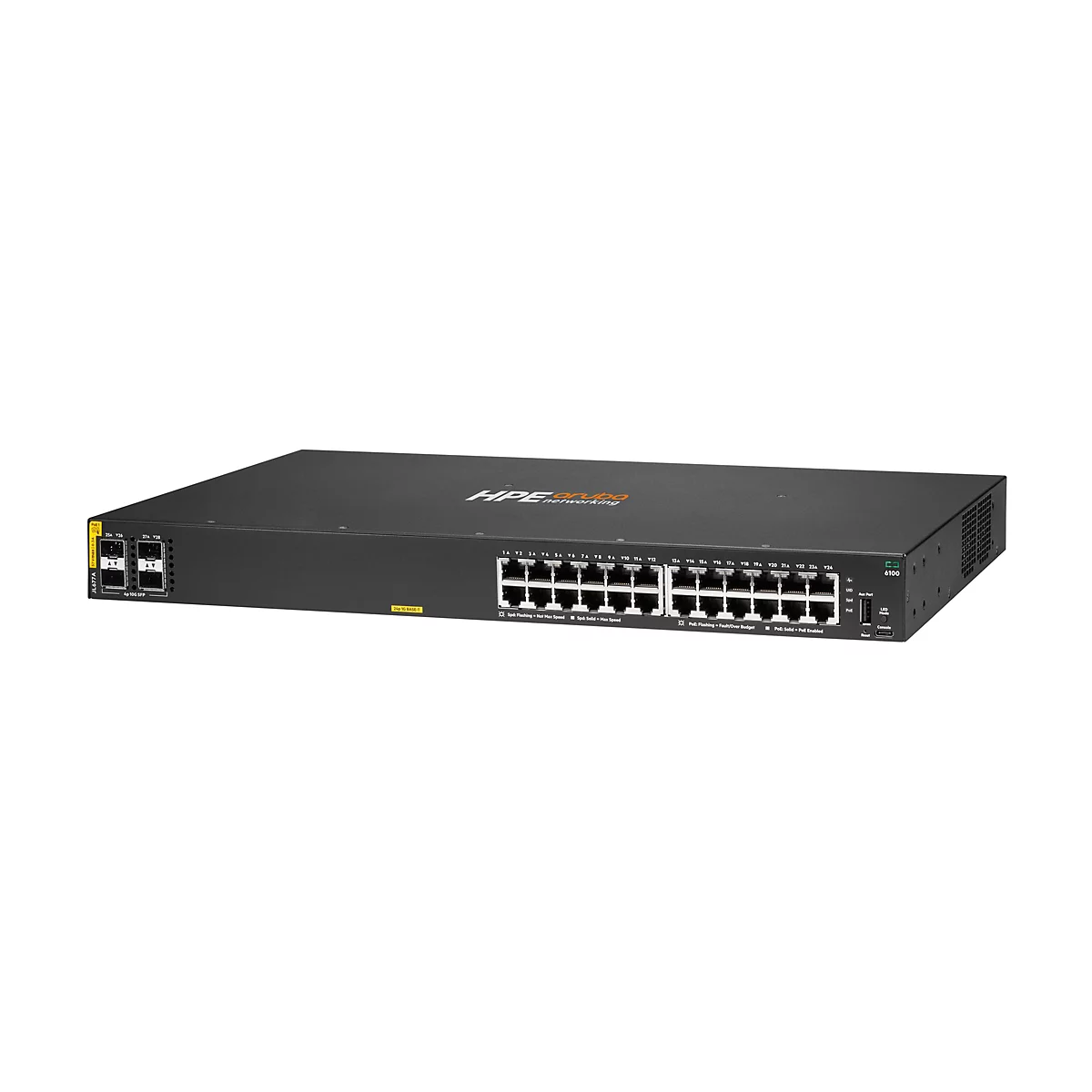 Ein schwarzer Netzwerk-Switch von HPE Aruba. Er zeigt zahlreiche Anschlüsse und Ports für verschiedene Verbindungsarten.