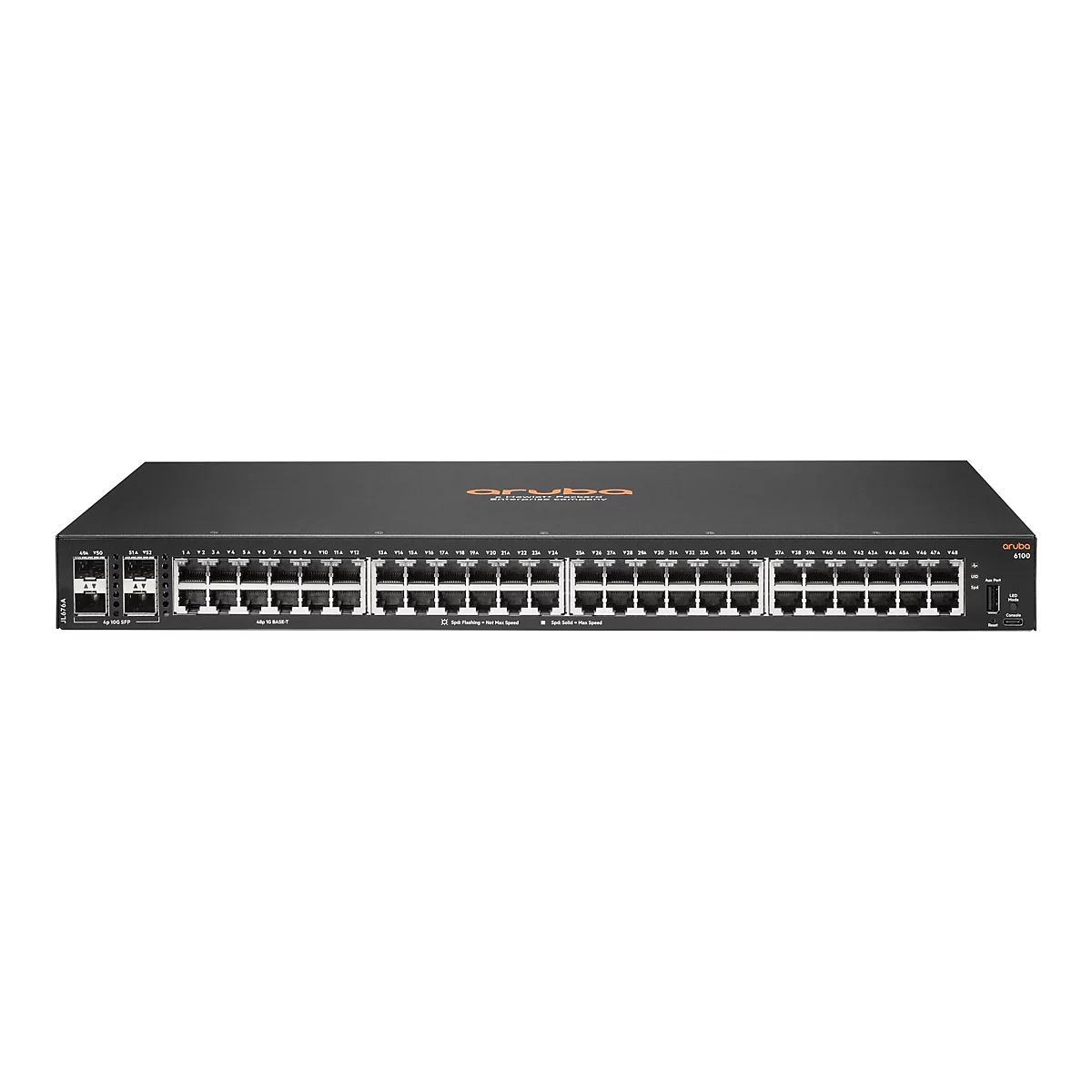 Schwarzer Aruba 6100 Switch, vorne gesehen. 52 Ports. Oben das Aruba Logo.