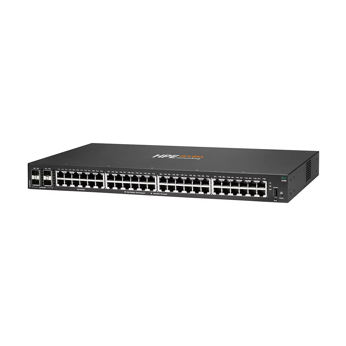 Ein schwarzer Netzwerk-Switch mit zahlreichen Anschlüssen. Auf der Oberseite steht "HPE Aruba networking". Auf der rechten Seite sind Anschlüsse, darunter ein Reset-Knopf.
