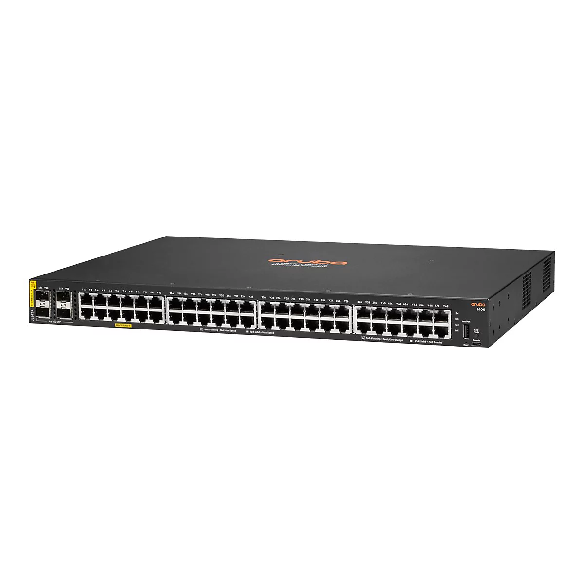 Ein schwarzer Aruba 6100 Switch mit zahlreichen Anschlüssen. Die Aufschrift „Aruba“ ist oben rechts erkennbar.