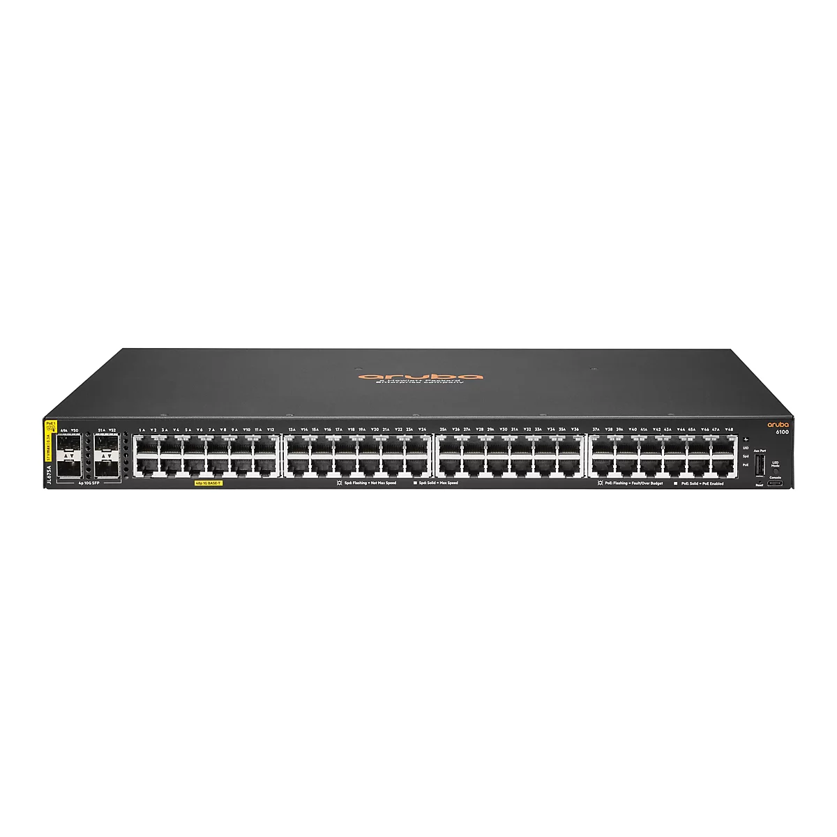 Ein schwarzer Aruba 6100 Netzwerk-Switch. Auf der Vorderseite sind viele Ethernet-Ports und Status-LEDs zu sehen, ebenso wie das Aruba-Logo.