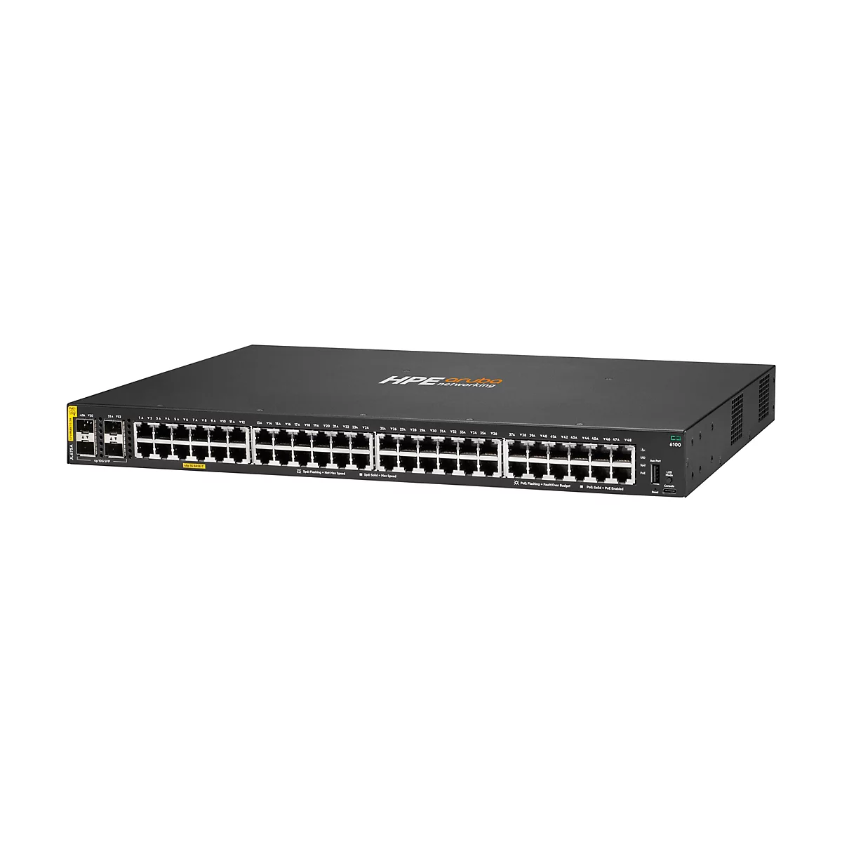 Ein schwarzer Netzwerk-Switch von HPE Aruba mit zahlreichen Anschlüssen. Der Switch ist mit den Logos von HPE und Aruba beschriftet.