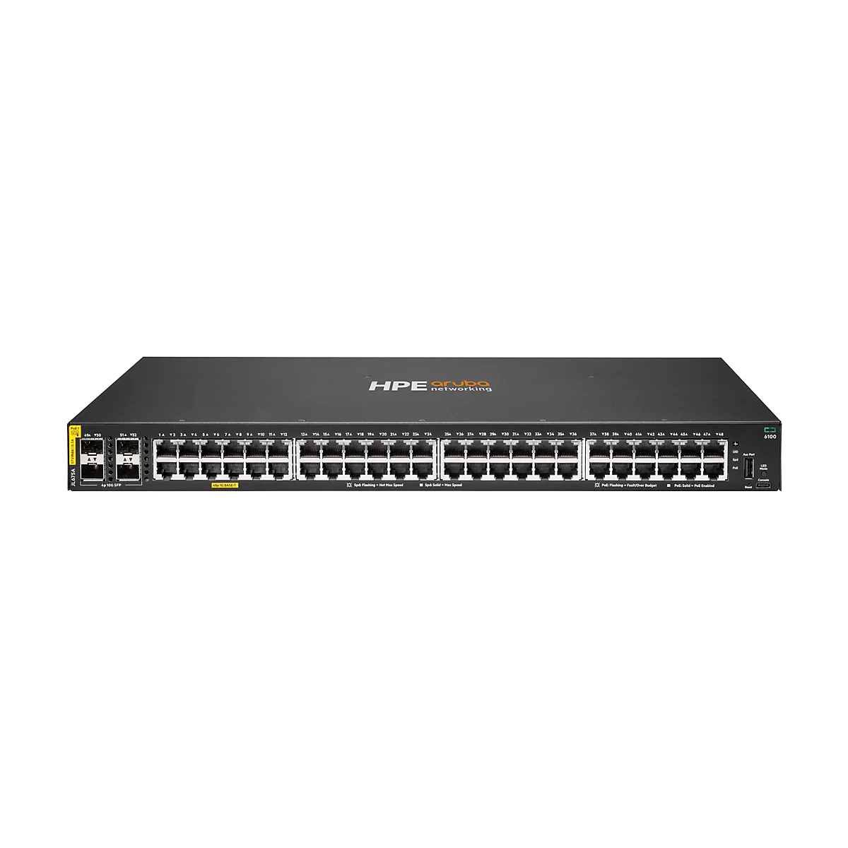 Ein schwarzer Netzwerk-Switch, mit Anschlüssen, Beschriftungen und dem HPE Aruba-Logo.