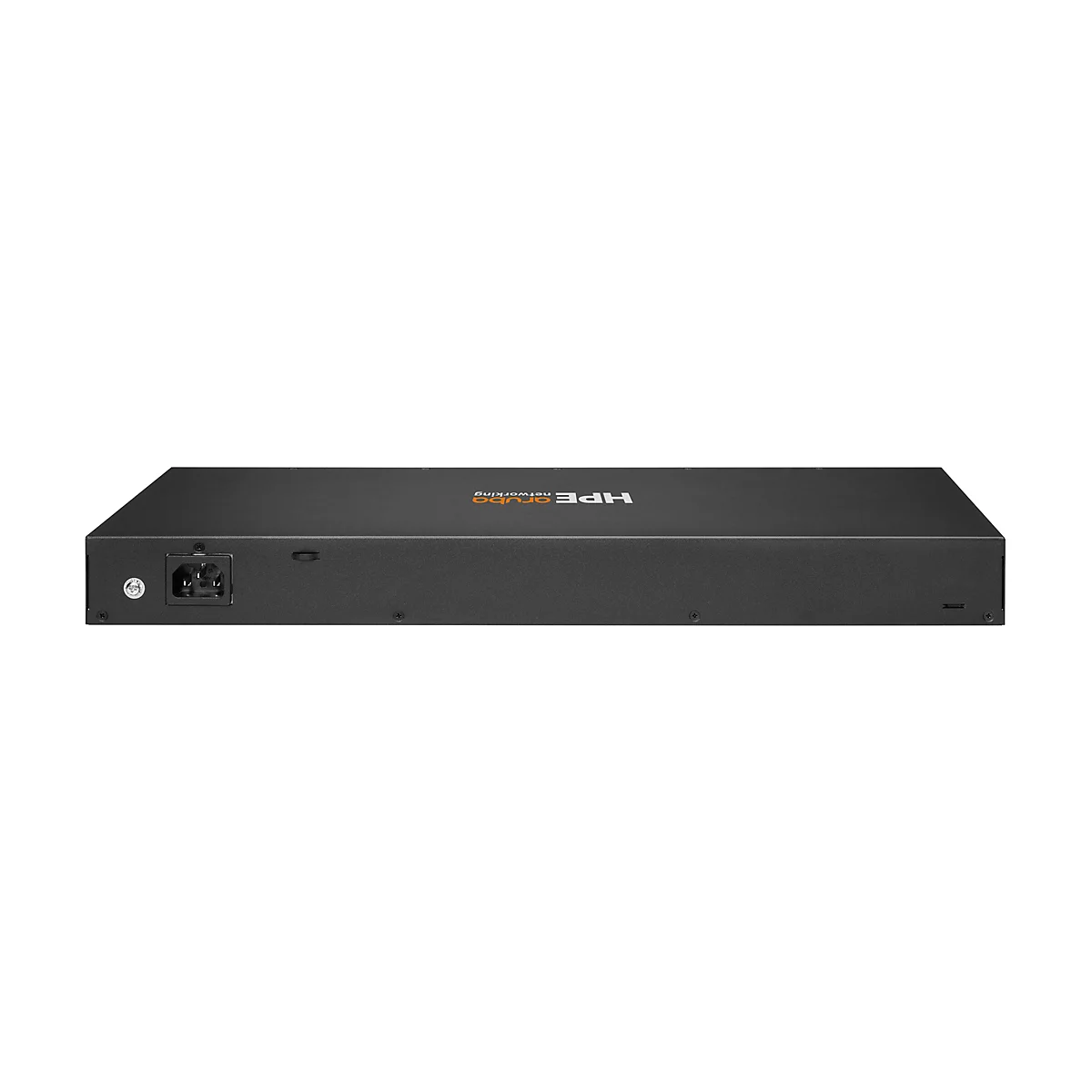 Schwarzer Netzwerk-Switch, HPE Aruba, von vorne. Rechts Logo und Schriftzug, links Stromanschluss.