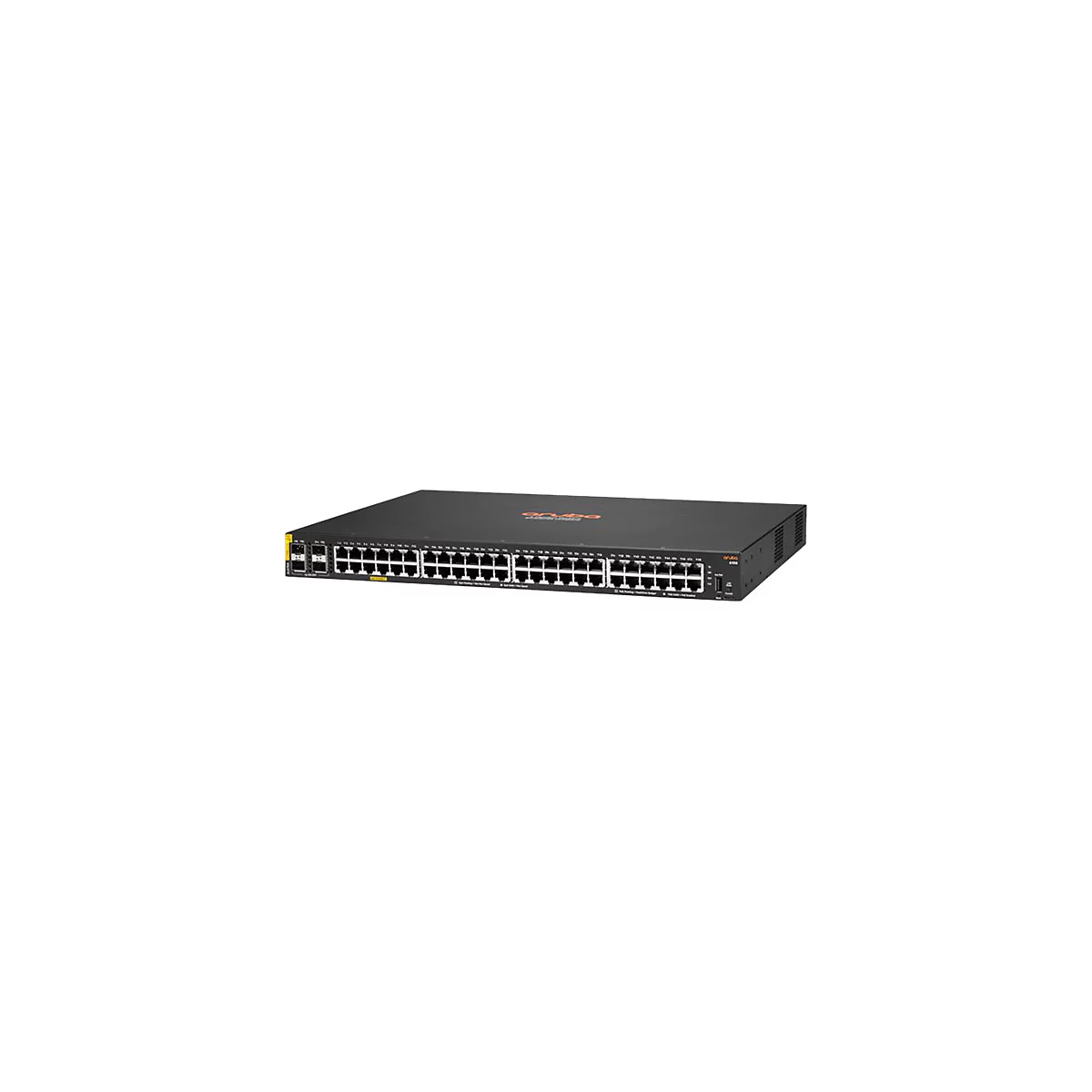 Ein schwarzer Aruba-Switch mit vielen Ports und dem Aruba-Logo. Das Gerät steht vor weißem Hintergrund.