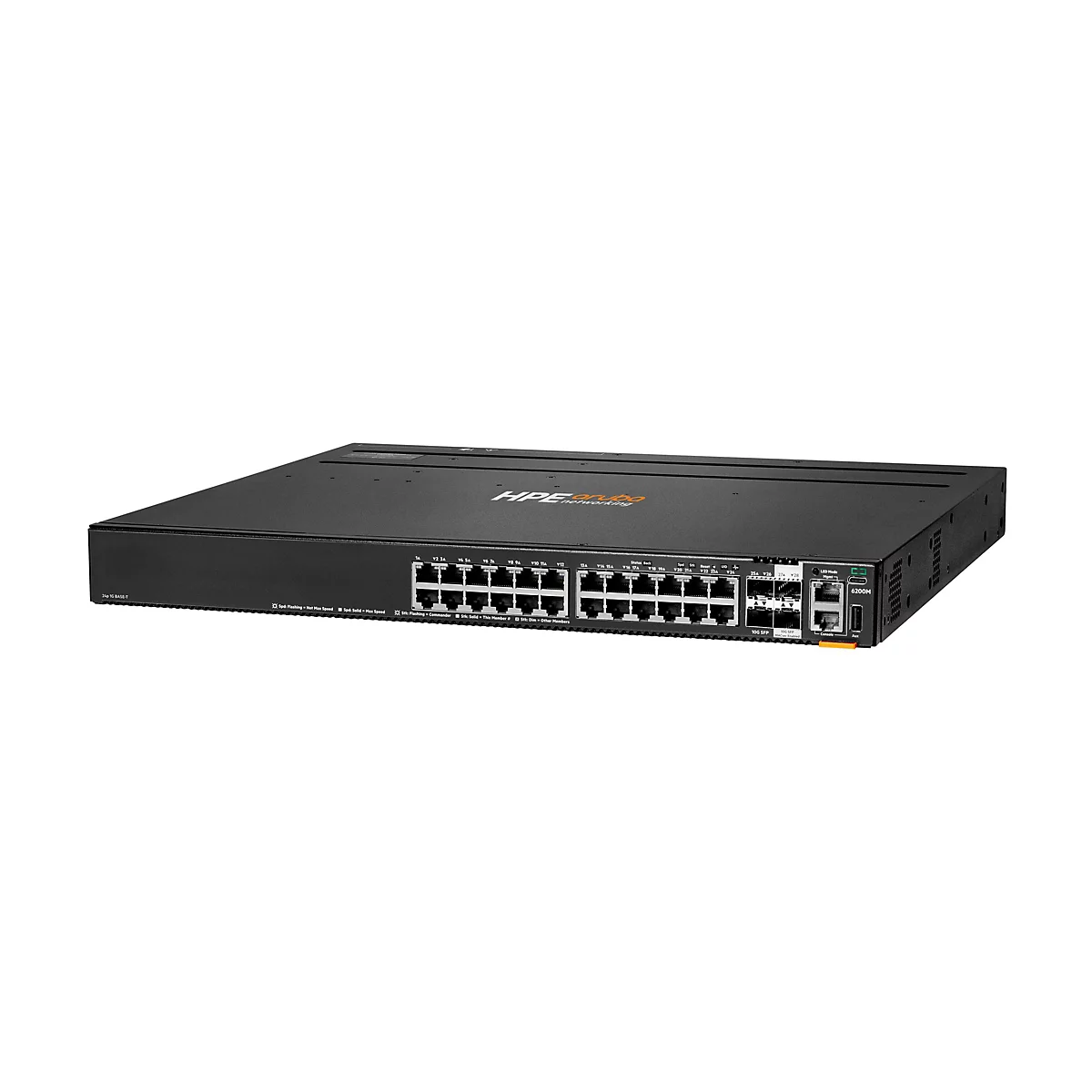 Un commutateur HPE Aruba 6200M noir avec des ports, des indicateurs et des étiquettes, sur fond blanc.