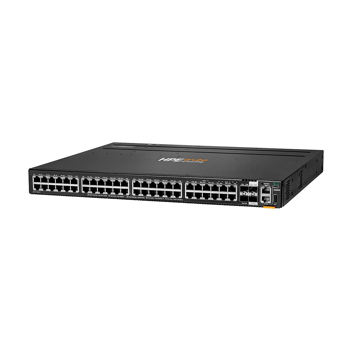 Un commutateur réseau noir avec de nombreux ports et le logo HPE Aruba Networking. Le numéro de modèle 6200M est en haut.