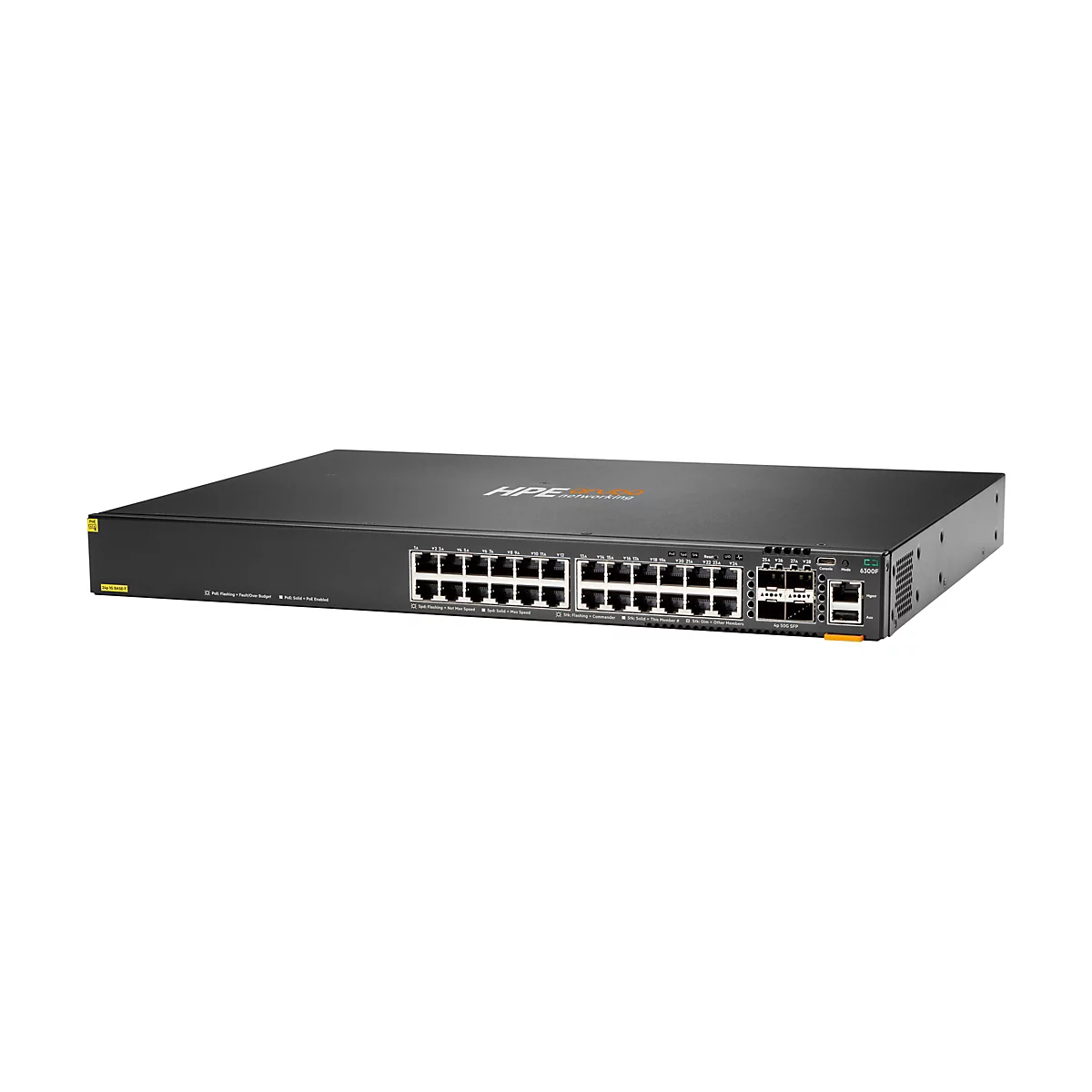 Schwarzer Netzwerk-Switch mit Ports und Anschlüssen, HPE-Logo, beschriftet mit technischen Informationen.