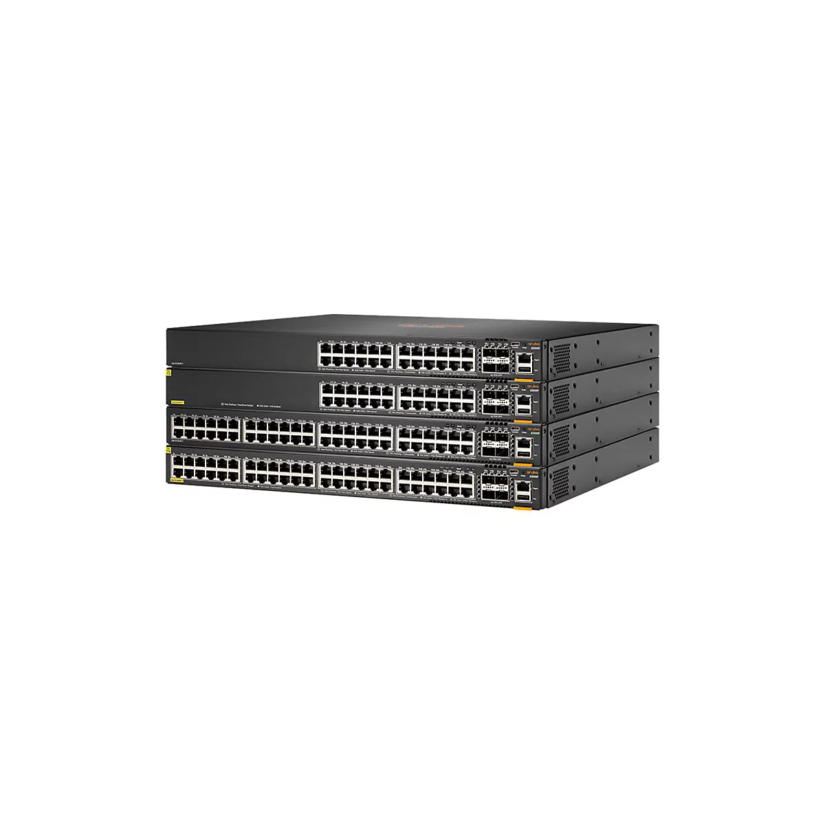 Mehrere schwarze Netzwerk-Switches, übereinander gestapelt. Viele Ports sichtbar. Orangefarbenes Aruba-Logo.