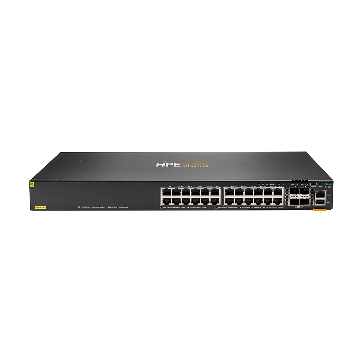 Ein schwarzer Netzwerk-Switch von HPE Aruba, der vor einem weißen Hintergrund abgebildet ist. Er hat zahlreiche Ports und Anzeigen. Auf dem Gerät befindet sich der Schriftzug HPE Aruba Networking.