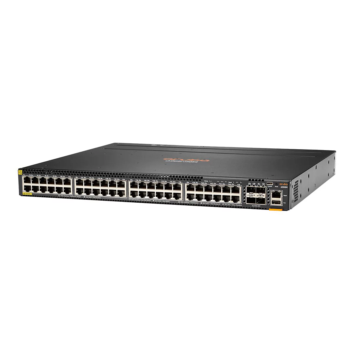 Schwarzer Netzwerk-Switch mit zahlreichen Anschlüssen. Oben steht der Markenname 'Aruba'.