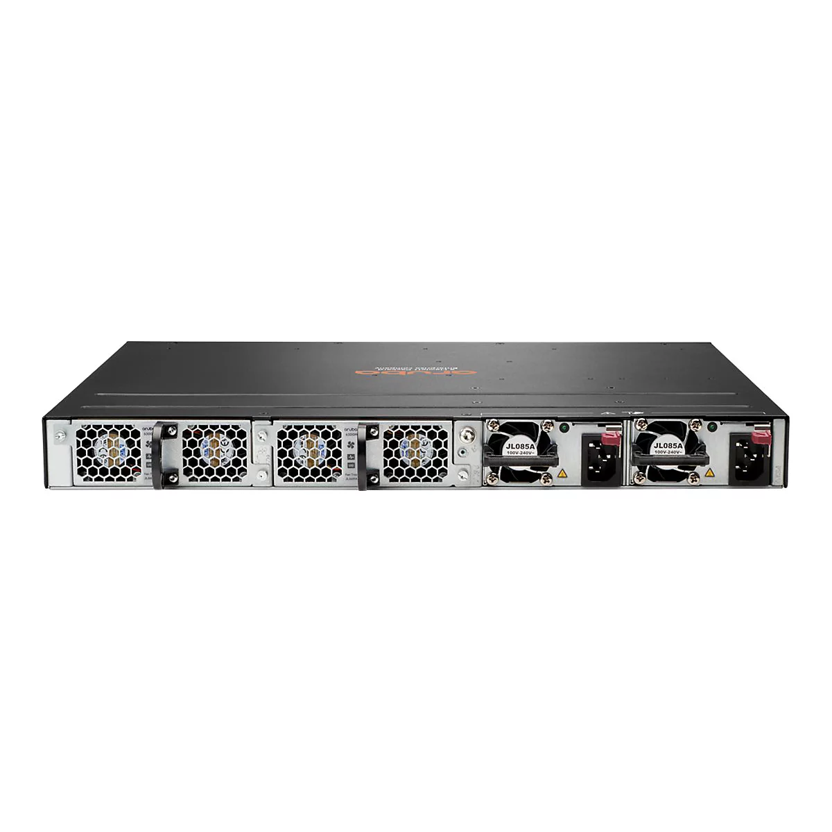 Schwarzer Netzwerk-Switch mit Lüftern und Stromanschlüssen, Ansicht der Rückseite. Text: JL085A, 100V-240V.