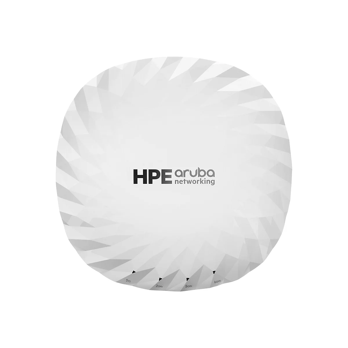 Appareil réseau Aruba blanc rond. En haut se trouve HPE Aruba Networking, en dessous 4 petits marqueurs noirs, étiquetés Sys, 2GHz, 5GHz et 6GHz.