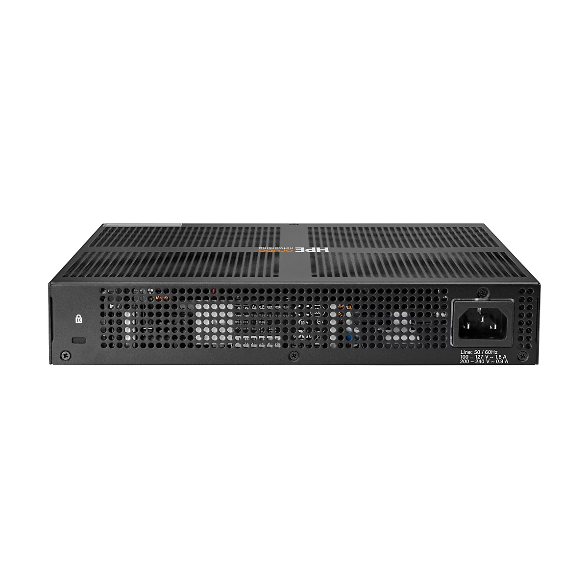 HPE Aruba Netzteil-Modul in schwarzem Gehäuse mit Lüftungsgitter und Stromanschluss.