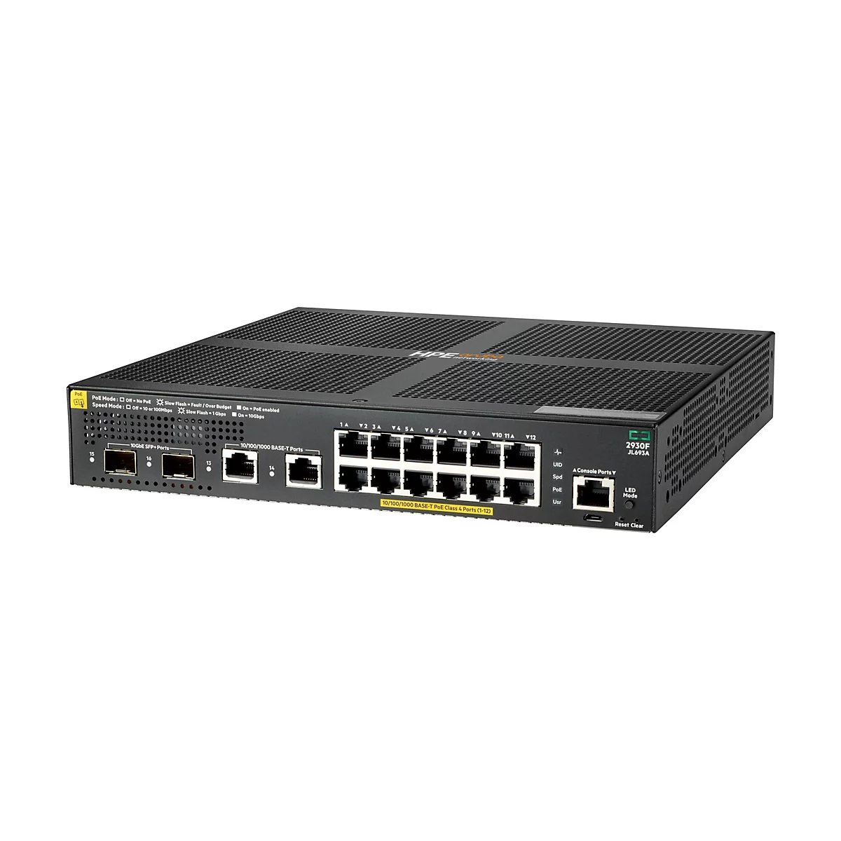 Schwarzer HPE Aruba 2930F Netzwerk-Switch in Frontalansicht mit diversen Ethernet- und SFP-Ports.