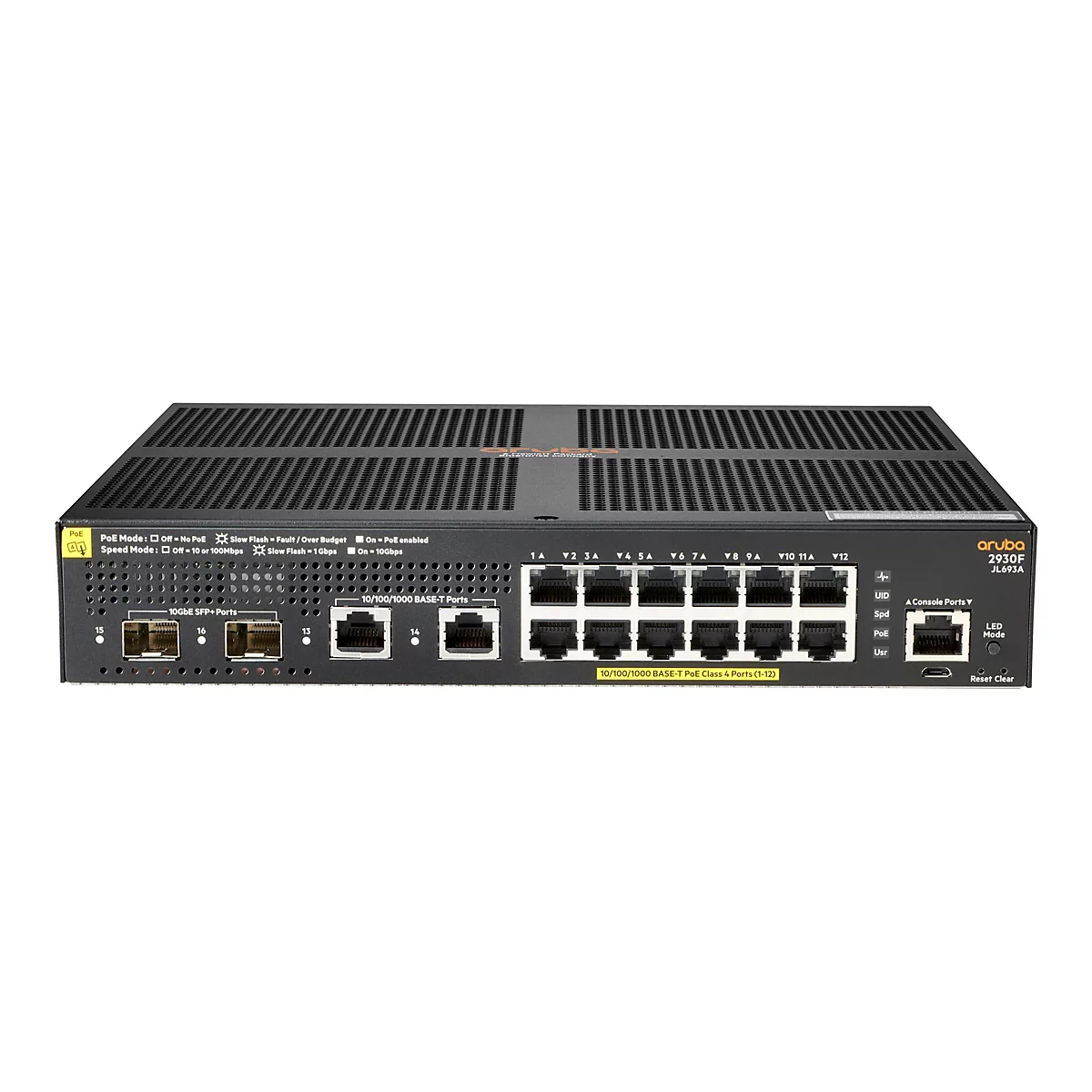 Ein schwarzer Netzwerk-Switch mit Ports und Kontrollleuchten. Auf der Vorderseite sind Anschlüsse mit Beschriftungen wie "10/100/1000 BASE-T Ports" und "10GbE SFP+ Ports" zu sehen. Rechts ist ein "aruba 2930F JL693A"-Etikett.