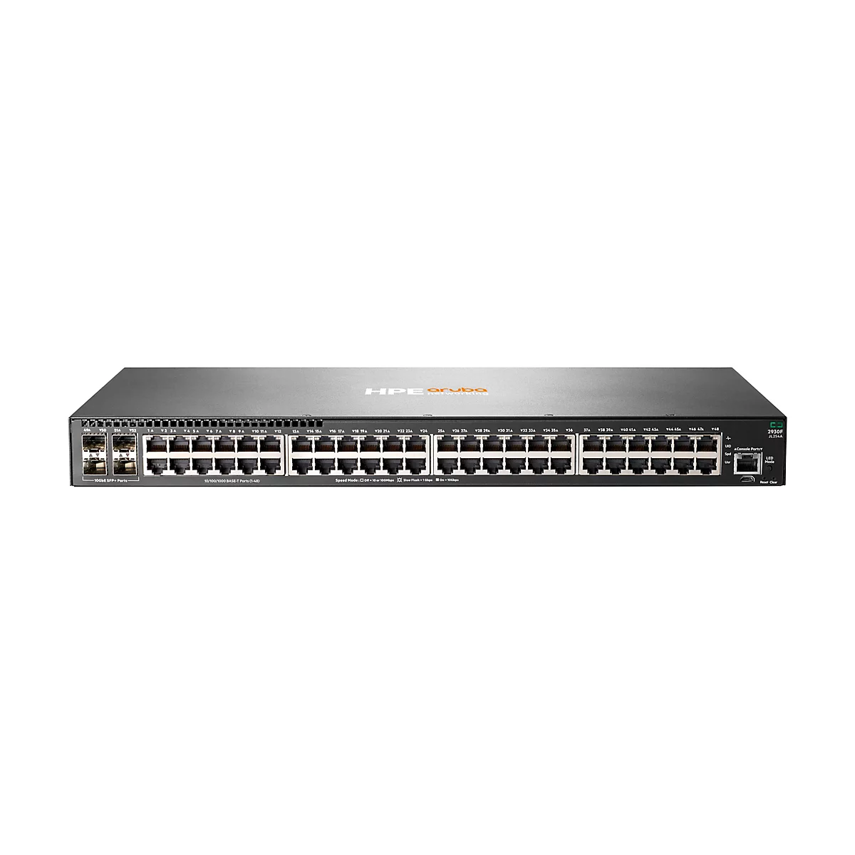 Ein schwarzer HPE Aruba Switch, mit zahlreichen Ports. Oben steht das Logo des Herstellers.