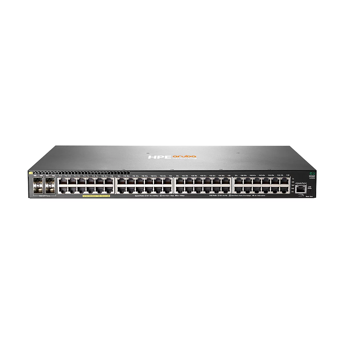 Ein schwarzer Netzwerk-Switch mit Ports und Anschlüssen. Oben steht der Schriftzug "HPE Aruba".