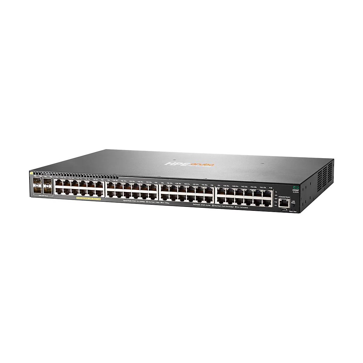 Ein schwarzer Netzwerk-Switch mit zahlreichen Anschlüssen und dem HPE Aruba Logo. Auf der Oberseite befinden sich verschiedene Anschlüsse und Anzeigen. Die Beschriftung '10/100/1000 BASE-T PoE+ Ports' ist sichtbar.