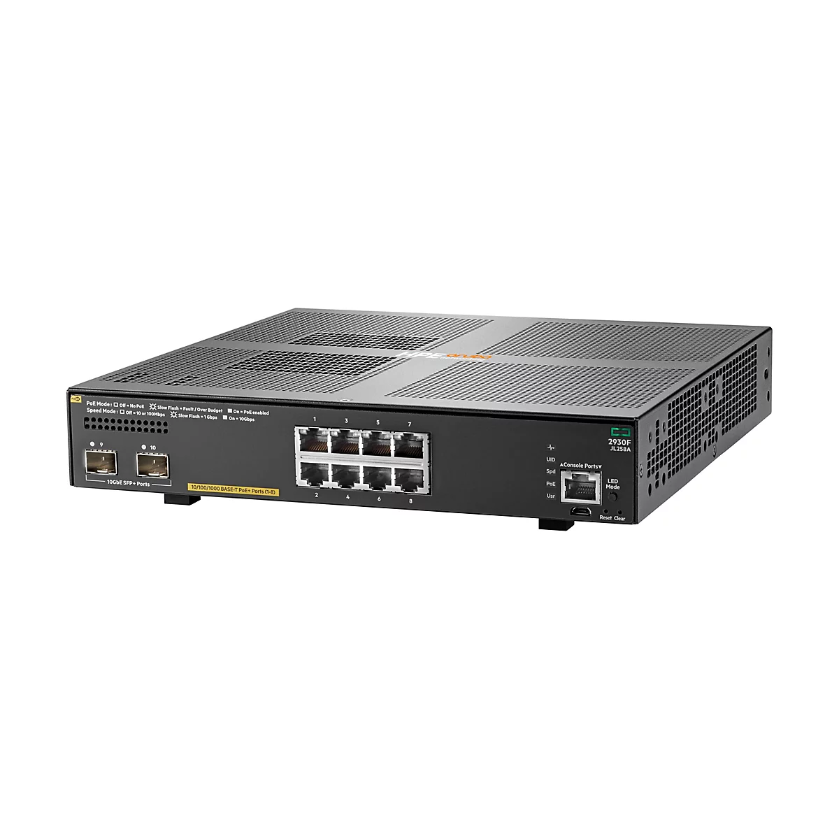 Ein schwarzer Netzwerk-Switch mit Ports und LED-Anzeigen, vor weißem Hintergrund. Beschriftung: 2930F JL258A.