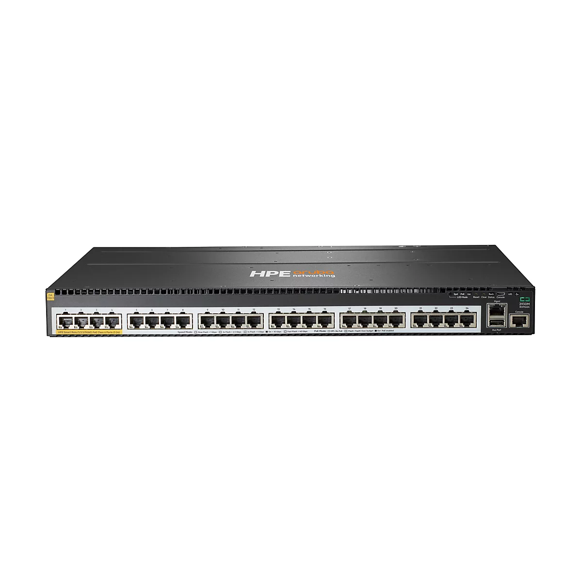 Ein schwarzer Netzwerk-Switch mit 24 Ports, dem HPE-Logo und verschiedenen Anschlüssen und Anzeigen.