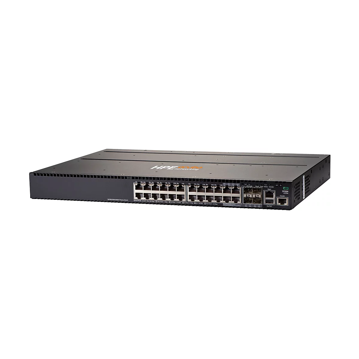 Ein schwarzer HPE Aruba-Switch mit mehreren Ports auf weißem Hintergrund. Der Switch hat verschiedene Anschlussmöglichkeiten und eine Beschriftung mit dem Firmenlogo.