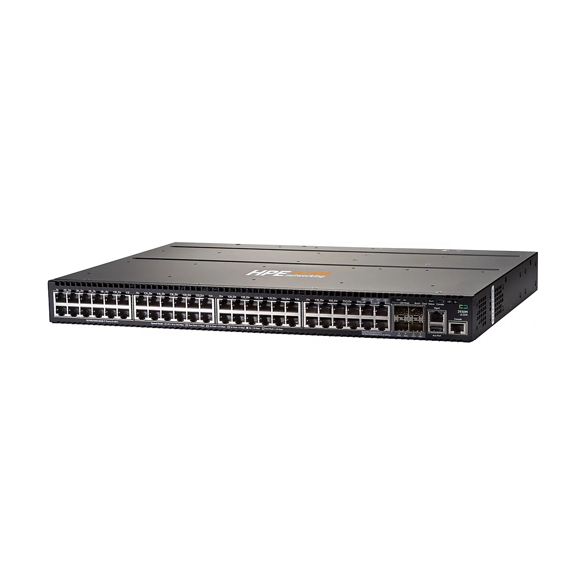Ein schwarzer HPE Aruba-Switch mit mehreren Ports und der Aufschrift HPE networking.
