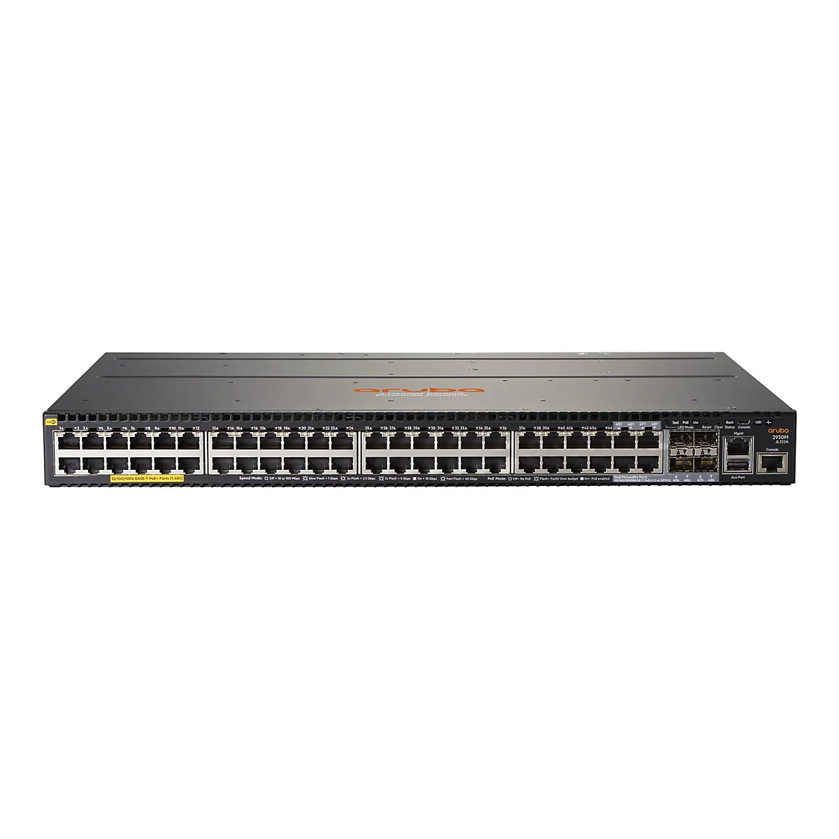 Ein schwarzer Aruba 2930M Netzwerk-Switch. Das Gerät hat zahlreiche Ports, LEDs und Beschriftungen zur Anzeige von Statusinformationen und Verbindungen.